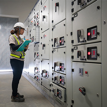 Engineer working in substation environment.